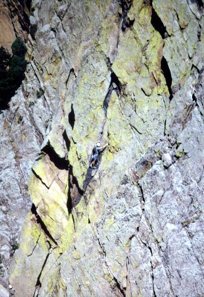 A climber starting P4 crack as seen from high on Tower One.