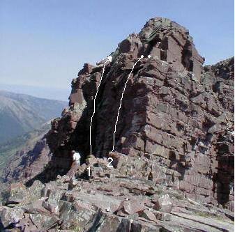 Kelly coiling the rope after a short rappel going N to S. Line 2 is our rappel route, Line 1 is a line of least resistance on this section of ridge.