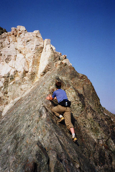 Near the crux, July 2002.  (Photo by James Burns)