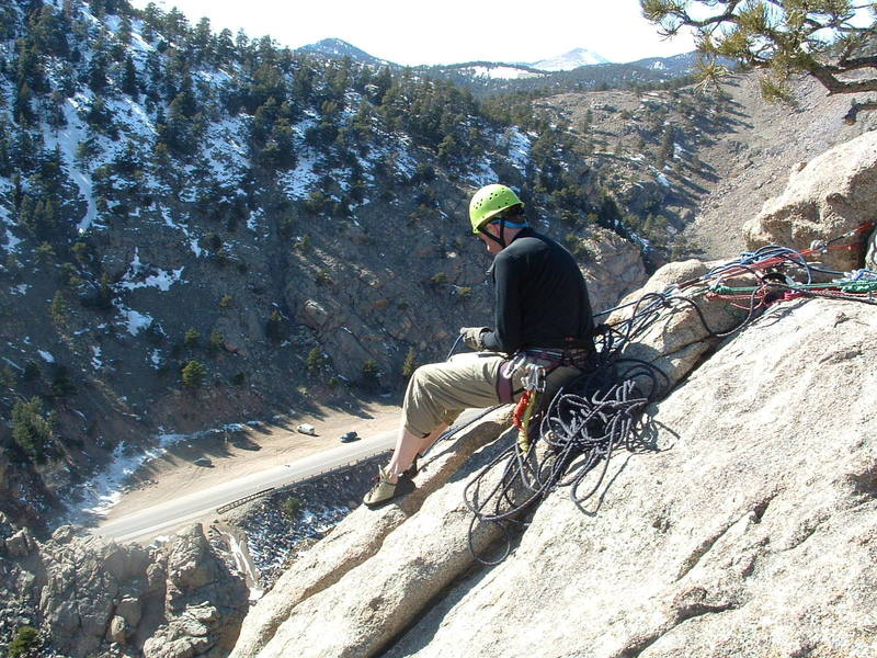 Bruce Immele belaying at the top of the disappearing crack (East Slab)