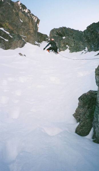 Steve Line leading into the crux of Dreamweaver...we measured the slope at 60 degrees in the steepest sections.