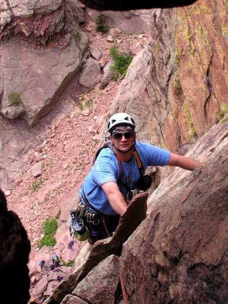 The lower finger crack on second pitch of Reggae before moving right to natural bridge on Boulder Direct