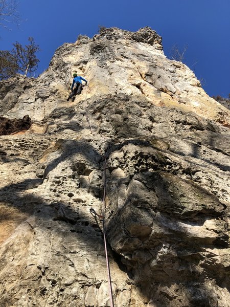 Sam on "SKYHAWK"....  Beautiful late-January day of climbing!