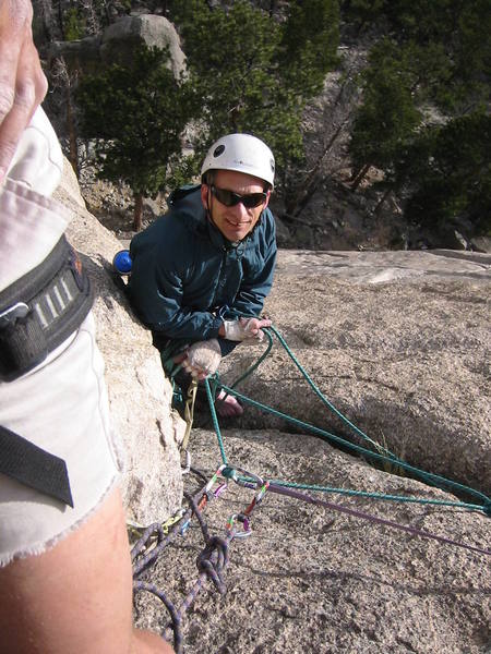 The belay above the crux.