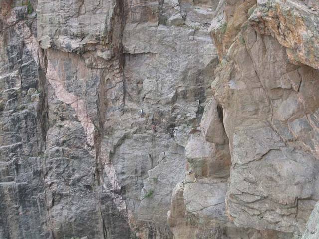 Two guys on Leisure Climb, maybe pitch 2? Taken from high on Maiden Voyage.