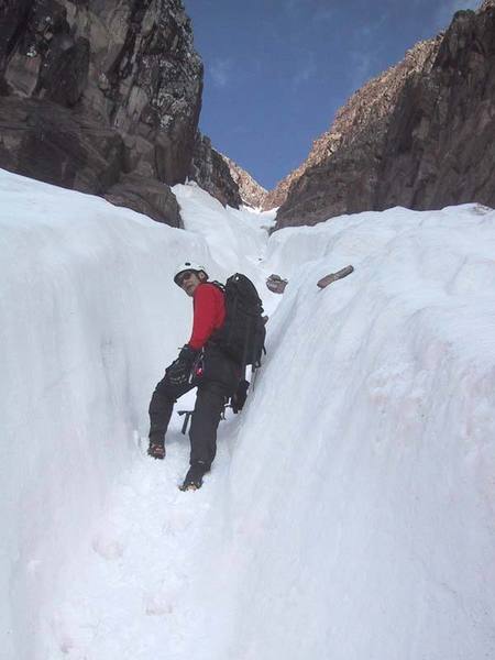 In the narrowest section. Note all the rocks in the snow, they are not just for decoration!