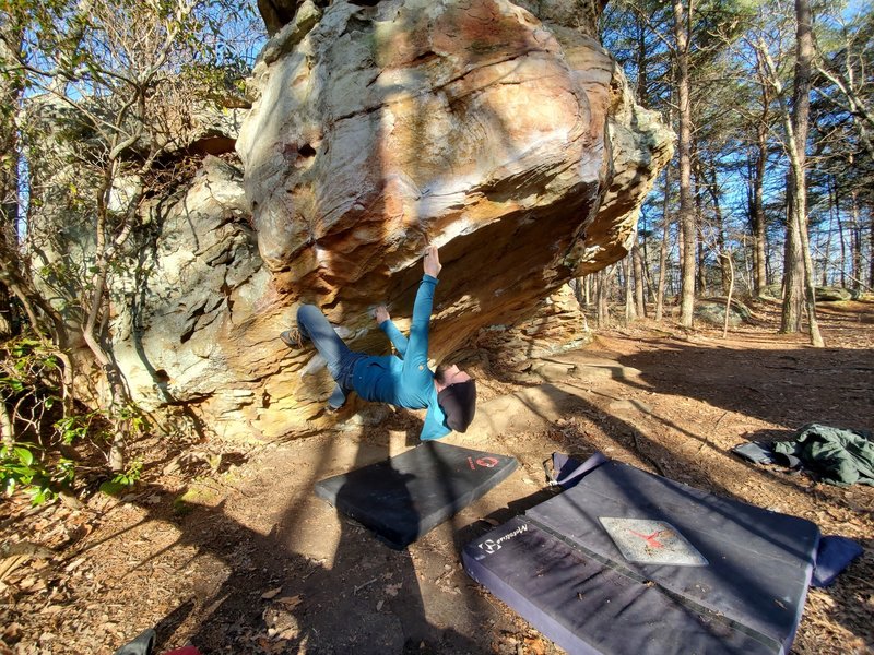 So confused by all the videos showing people using the big jug up and left and calling the problem v5. Probably v3 that way. Staying on the crimp rails till you can get the high heel hook felt maybe v4. The only v5 solution was doing compression beta.