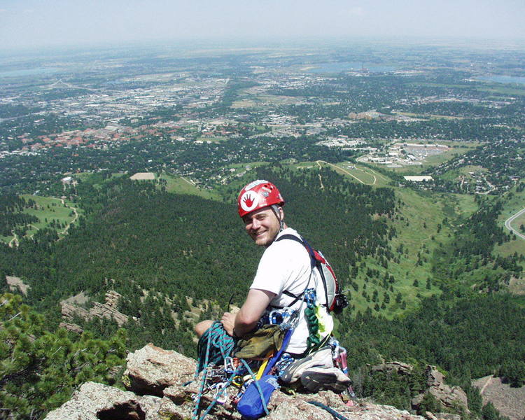 Nice view from the summit. James after final belay.