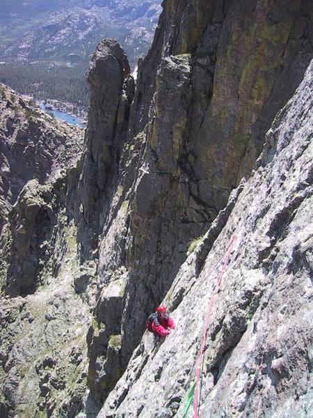 The traverse at the end of pitch 6. Lake Hiyahaha, or however it's spelled, in the background.