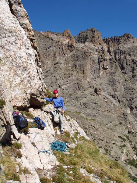 The grassy lunch ledge on top of P3.<br>
Photo taken by Errett Allen on August 15, 2003.