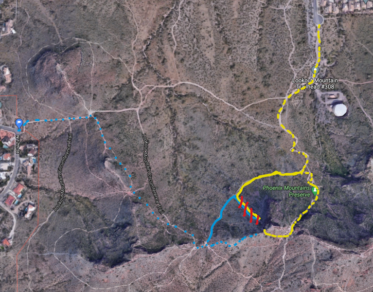 BLUE is about 16 min, long with mellow up hill .5 mi | Yellow is shorter direct upwards hike .3 mi (you can walk all the way up and rappel down DOTTED OR go up the steep loose rock trail marker in red SOLID LINE) At your own risk