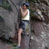 Yvonne D'Andrea nearing the end of the traverse on the first pitch.