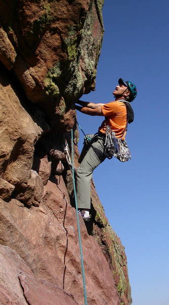 Ron Olsen at the crux layback on the last pitch.