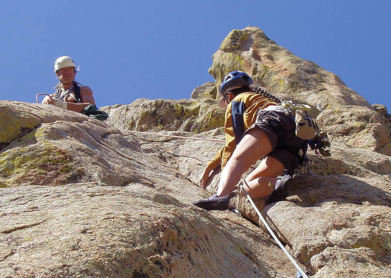 Yvonne D'Andrea nearing the crux of the third pitch. Mike Borkowski is belaying.