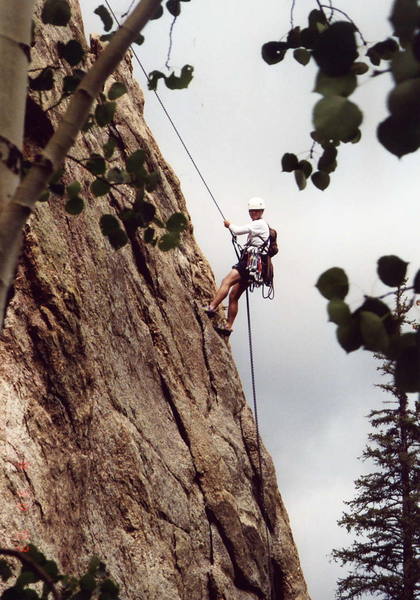 Paul Jacobson on second rappel near the bottom.  There is a bolted line up the profiled arete.
