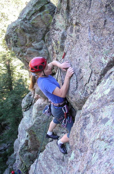 Christa Cline with a good edge at one of the crux moves.