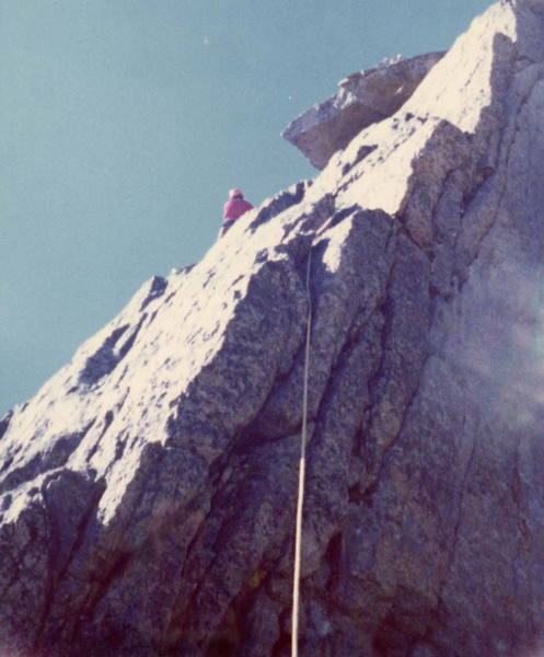 Gary Cale leading up the left side of the last tower along the Keyhole Ridge, the second to last pitch of the climb.