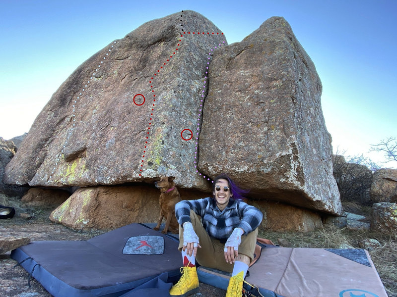 John and Ruby chilling in front of Soup Can Boulder's crack problem, Jolene Jolene Jolene Jolene. Start under the roof on jams which is behind John's ugly mug. Stand start variation Swear On Dolly is fun too.
