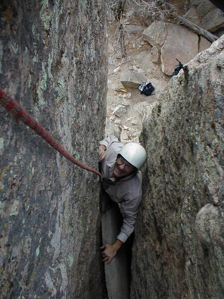 Tom Mottinger getting ready for the true chimneying on the upper part of the route