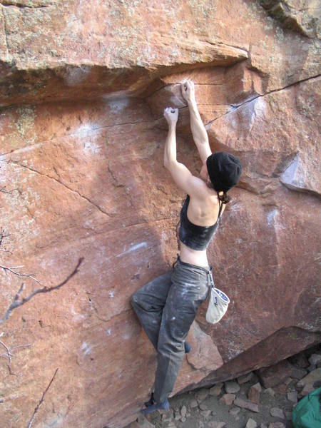 Melissa crimping hard on the awful second set of holds on Powerglide.