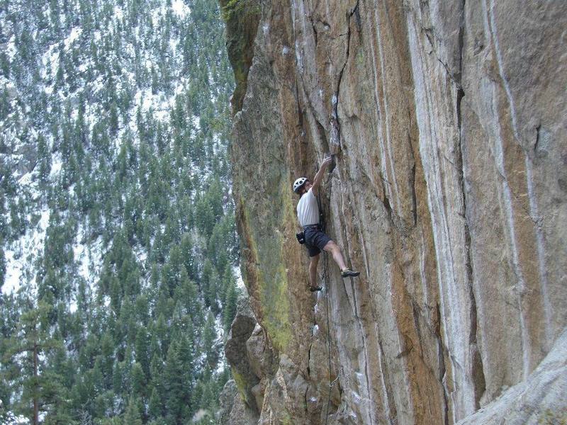Approaching the crux on the Buzz. Photo taken by Ted Lanzano.