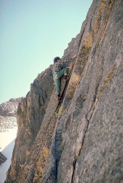 Third pitch of Kor's Door; Tom Gries on the FFA in 1974.