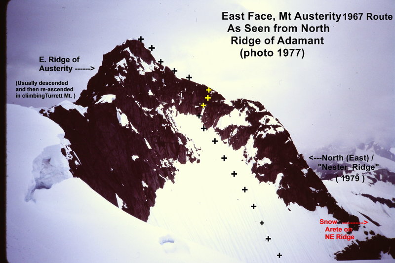 East Face Mt Austerity from the North Ridge of Adamant - Showing approximate route (exact route through rock band may be more left) photo taken in 1977