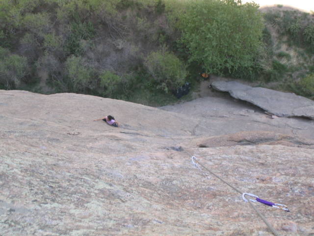 This is my wife trying to work her way up Cheril's Peril. The photograph is taken from the anchor, and she is just past the start of the climb.