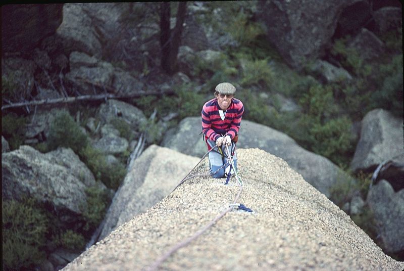 Keith Schoepflin hanging out at top of P1 on Brain Cramp Buttress, FFA: 1983 (photo credit: Peter Williams Collection).