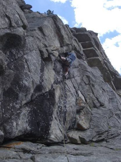 Bijan Tuysserkani took this pic from the belay while climber is moving up headwall of third pitch.