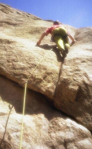 Dennis Jump on the first ascent of Sloppy Shoes.<br>
Photo by his great mate ,and second, Stewart M. Green.