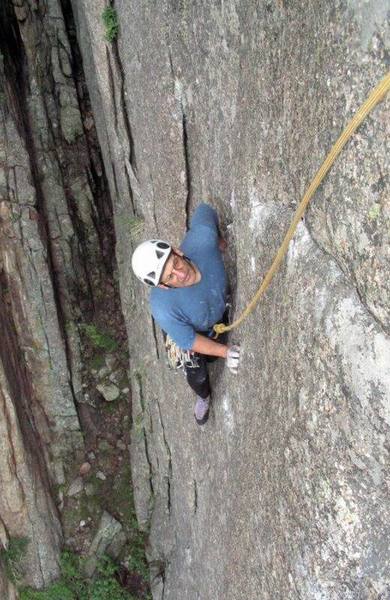 Chuck Graves looks at the crux traverse.