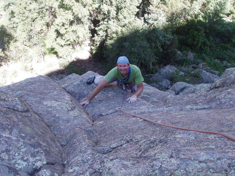 Bruce Hildenbrand near the top of the first pitch. The black Alien above him protects the final hard move to the anchor.