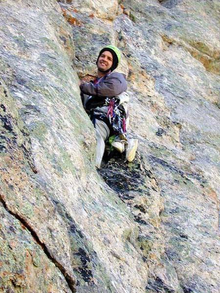 This is about 15 feet up the start of the twin 5.7 cracks of the crux pitch. Notice how deep the cleft containing the cracks appears to the belayer.<br>
<br>
Photo taken by Tracy Roach.