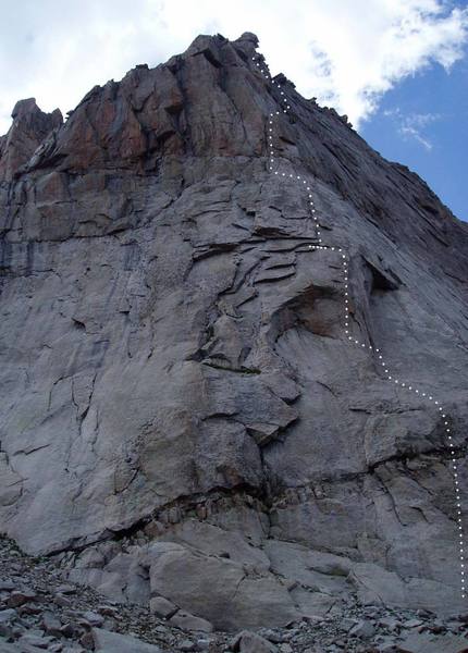 East Prow climbs near the center of the photo to join Age Axe at the P4 dihedral.