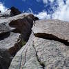 At the top of P4, the 5.8 fist crack shared with East Prow. Mostly face climbing with only a few mandatory crack moves.