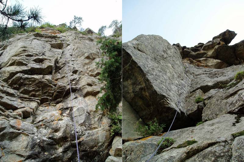 These are the best action shots I could get since I was self-belaying. P1 is on the left. The anchors are in the orange rock at the top of the photo. P3 is on the right. Orgasmatron underclings out the roof at the bottom left of the photo.