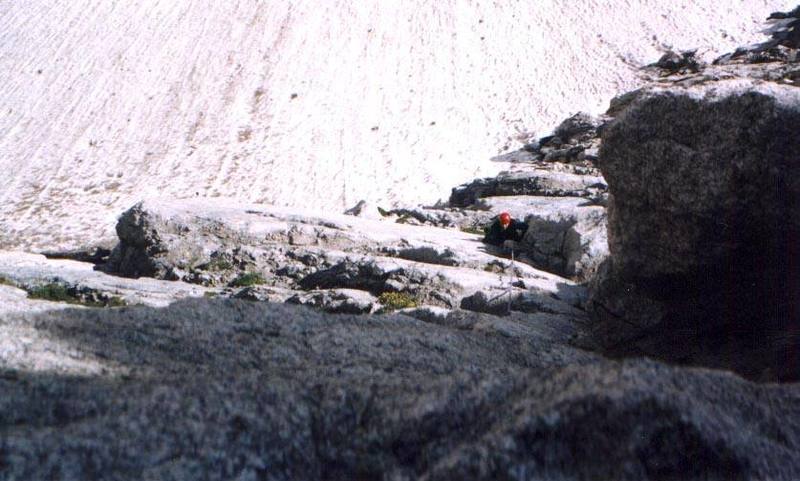 Pitch 2, further L than you might guess from below. Nils Albert climbing.