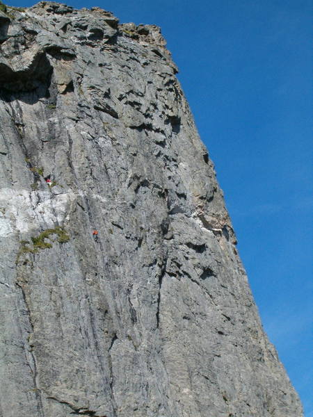 Climber, Craig Blankenship with Kevin Lorda on Belay<br>
Photographer, Dan Nifong shooting from the midway ledge on the First Buttress.<br>
Date was 8/6/04.
