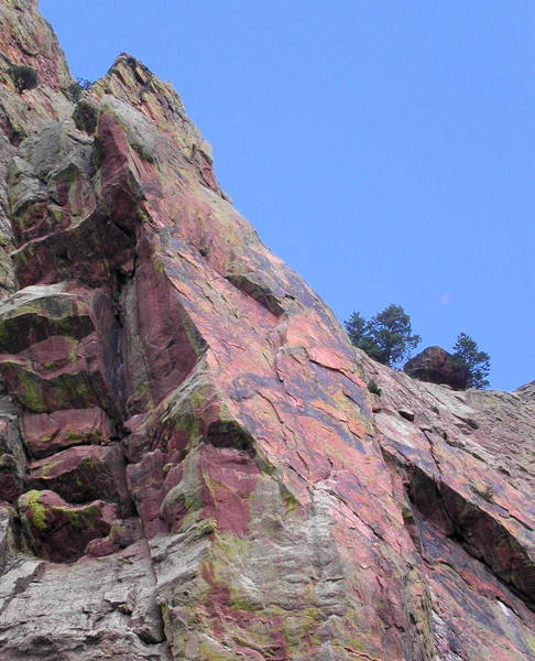The colorful crux slab on Super Slab, as seen from the top of Allosaur.