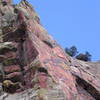 The colorful crux slab on Super Slab, as seen from the top of Allosaur.