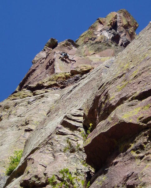 Unknown climber on P1 of The Edge. These blonde gods did Diving Board in the morning, and started up the Edge when we were on P2 of T2. They were scrambling down the Upper Ramp when we were on P4 of T2, and were in the bar having beers when we were on P6.