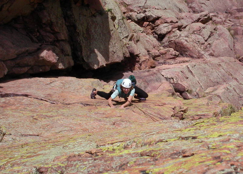 Kirsten Russell enjoying the hand traverse at the start of pitch 4.