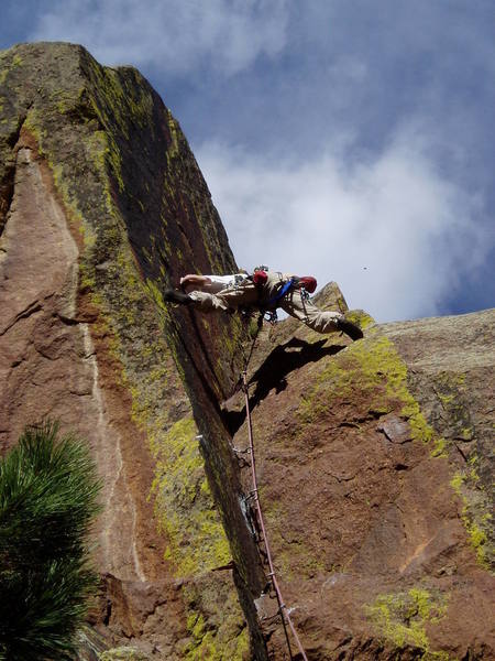 In a wide stem above the crux.