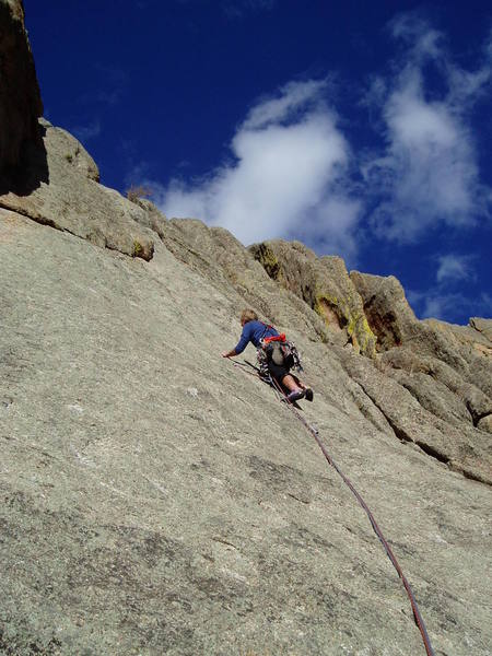 Below the 5.9 crux on P4. It's runout but relatively easy off the belay, then you get small but good gear up to the crux. This crux move seems easier to me than the P1 and P3 5.8 pitches.