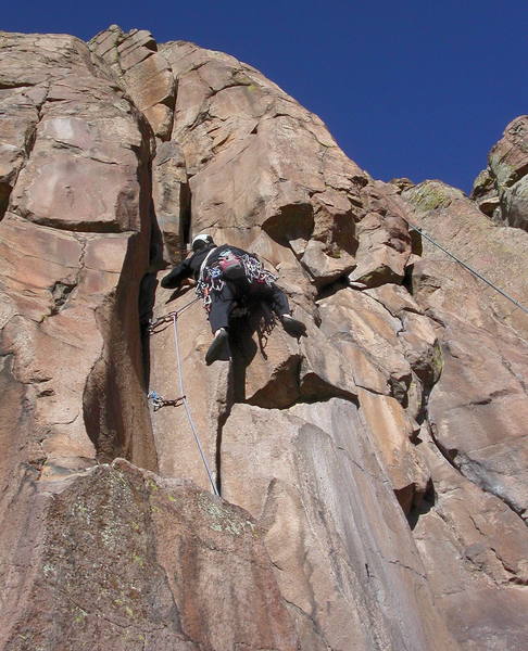 Bruno Hache low on the route.  He placed pro in the thin crack on the left, but is climbing to the right. <br>
<br>
Climbing the thin corner crack directly would up the difficulty far beyond 5.8.