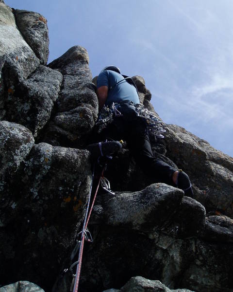 After the hardest moves on the Black Groove, but not having fun yet. It's hard to get out from here onto the right "arete". Very rounded and overhanging to get to this point.