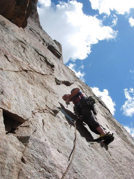 Bob D. starting the 7th (crux) pitch of Goss <br>
Logan. 9/26/04. photo by kb.