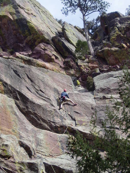On the P1 headwall. Climbing this flake may be "Verschneidung Direct Start" 10c according to Rossiter, but felt more like 10a. Religous Experience may go right at this point and up the black streak, but the flake that Luke is climbing is the natural line.
