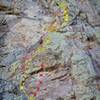 RATDF Topo. Yellow is the route as described per the FA. Pink lines show reasonable variations to keep the climbing easier. Red are the bolts for "Cathedral of Western Fire."